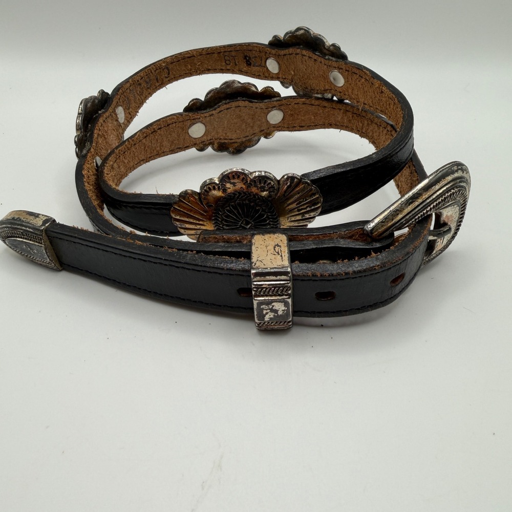 Circle Y Vintage Western Black Tooled Leather Belt Silver Concho Buckle Studded